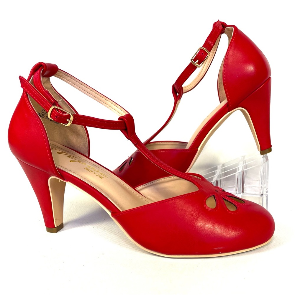 Vepose Red T-Strap Pumps Womens 9‎ Closed Toe Mid Heel Mary Jane Retro